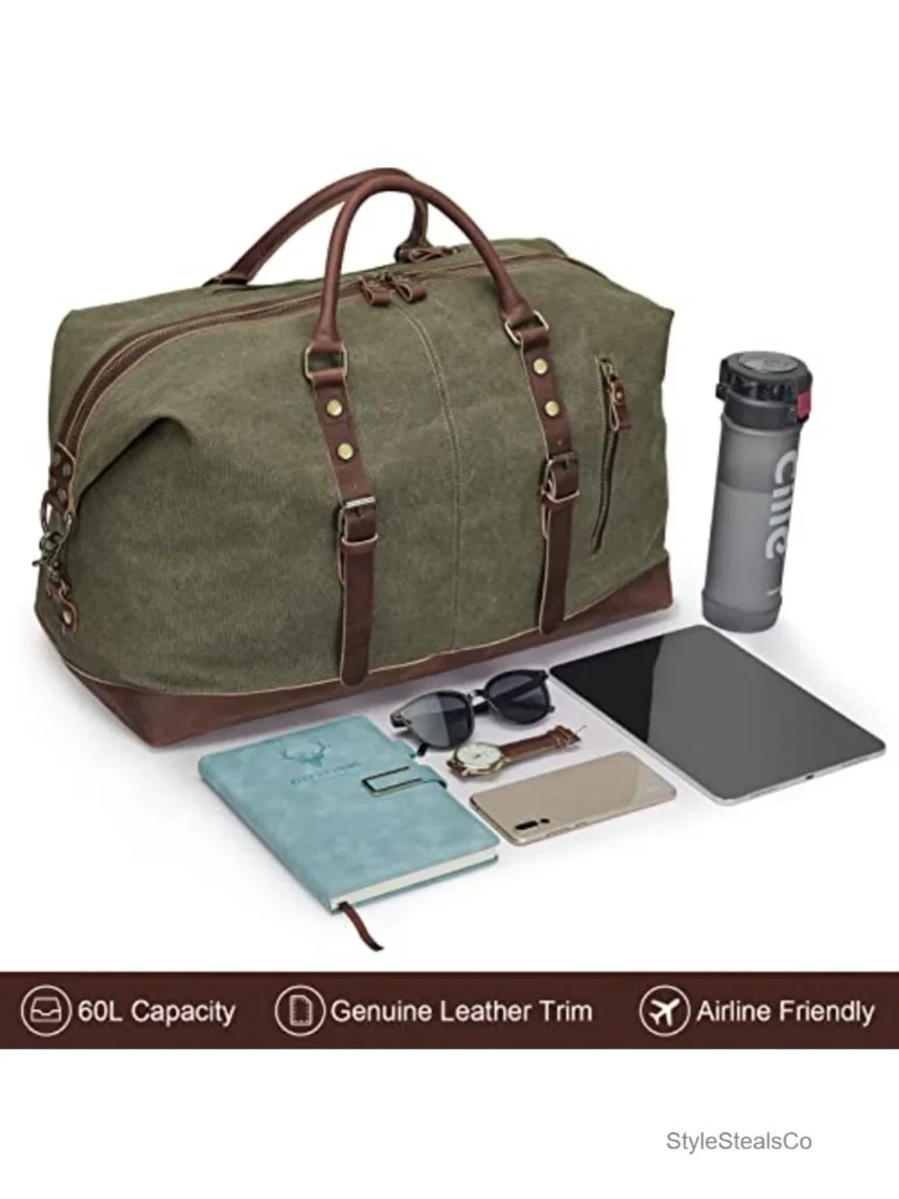 Canvas Duffle Bag with Genuine Leather Trim - Large Travel Weekender Carry On